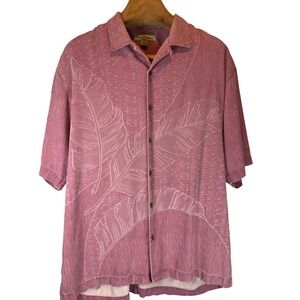 Tommy Bahama Silk Camp Shirt Men's Large Salmon Pink Tropical Leaf Short Sleeve